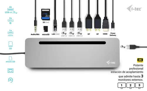 USB-C Metal Ergonomic 3x 4K Display Docking Station with Power Delivery 100 W + Universal Charger 100 W - Imagen 4