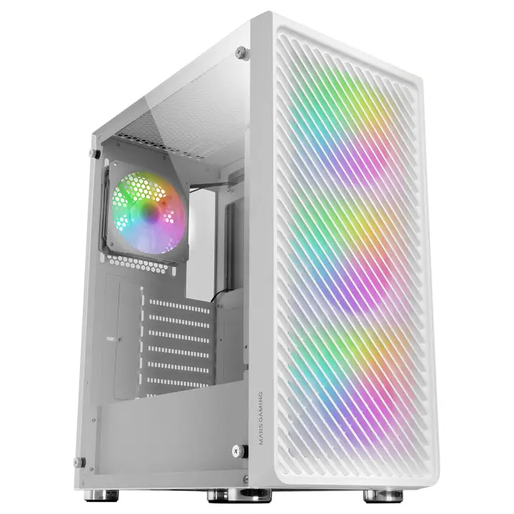 MC-F, Semitorre Gaming ATX, Ventana Completa Cristal Templado, Frontal Metal-Mesh, 4X Ventiladores ARGB 120mm, Blanco