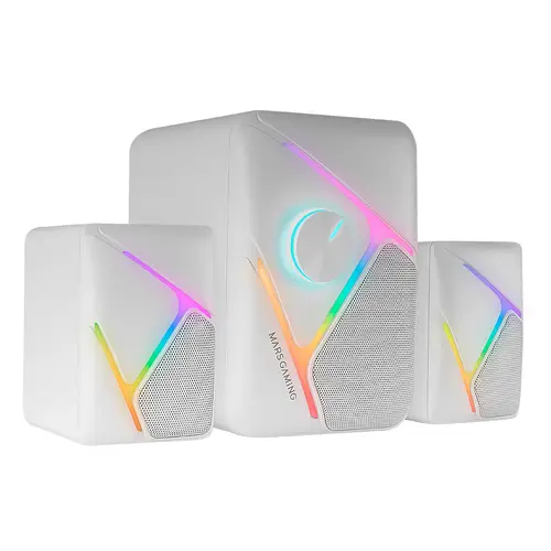 MS-H21, Altavoces Gaming RGB 2.1 y Subwoofer 35W, Sistema Drivers Invertidos 3D Surround, Altavoces Compactos con Iluminación Dinámica RGB, Alimentación USB y Conector Jack 3.5mm, Blanco - Imagen 1