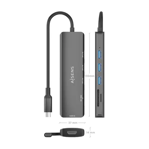 USB-C Dock 6 en 1, USB-C A, 1x HDMI, 3x USB-A, 1x SD, 1x MicroSD, Gris, 15cm - Imagen 4