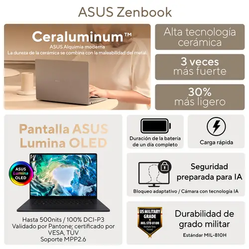 Zenbook S14 OLED UX5406AA-SU248W Copilot+ PC - Ordenador Portátil 14" 3K 120Hz (Intel Core Ultra 9 386H, 32GB RAM, 1TB SSD, Graphics, Windows 11 Home) Blanco Escandinavo - Teclado QWERTY español - Imagen 3