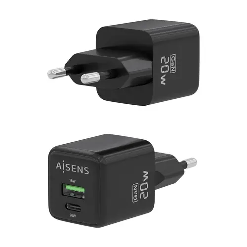 Cargador GaN 20W, 1xUSB-C PD3.0 QC4.0, 1xUSB-A QC3.0, Negro - Imagen 3