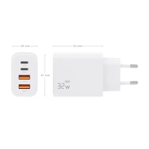 Cargador GaN 32W, 2xUSB-C PD3.0, 2xUSB-A, Blanco - Imagen 4