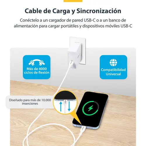 Cable de Carga USB-C Blanco de 2m - Cable UCB Tipo C de Carga para Ordenador Portátil - PD de 60W 3A - Cable de Transferencia de Datos USB 2.0 - Macho a Macho - Imagen 6
