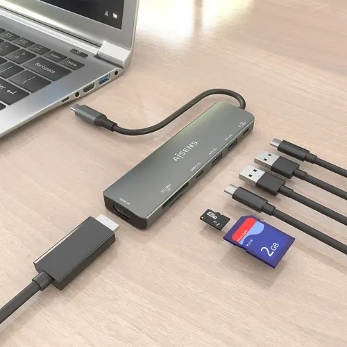 USB-C Dock 7 en 1, USB-C A, 1x HDMI, 2x USB-A, 1x USB-C, 1x USB-C PD 100W, 1x SD, 1x MicroSD, Gris, 15cm - Imagen 5