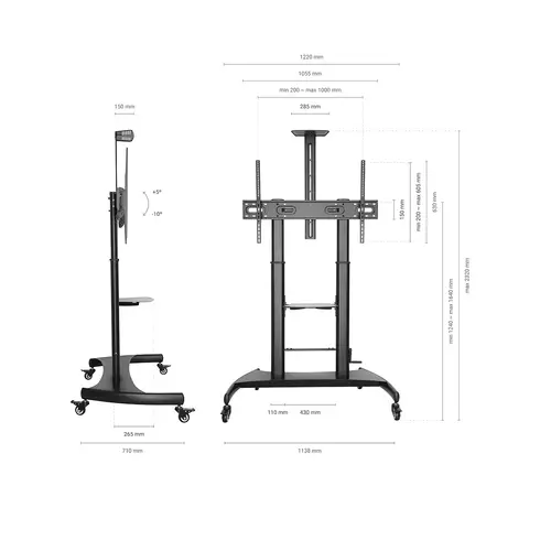 Soporte de Suelo ECO con Ruedas y Manivela, Bandeja para DVD y Soporte de Cámara para Monitor/TV 100Kg de 60-100, Negro - Imagen 5