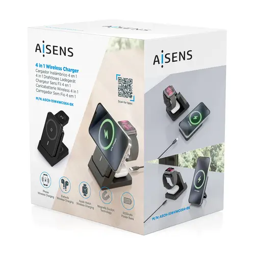 AISENS Cargador Inalambrico USB C 4 en 1 De 15W Para Movil  Apple Watch  Auriculares Con Estuche De Carga  Negro - Imagen 9