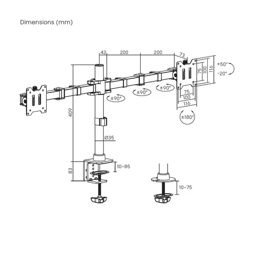 Soporte de Mesa Eco Giratorio e Inclinable para Monitor/TV 20kg (3 Pivotes, 2 Brazos) de 17"-35", Negro - Imagen 7
