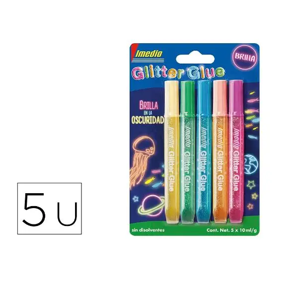 IMEDIO ADHESIVO GLITTER GLUE BRILLA EN LA OSCURIDAD TUBO 10ML BLÍSTER 5 C/SURTIDOS