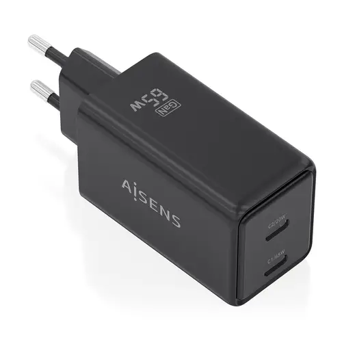 Cargador GaN 65W, 2xUSB-C PD3.0 QC4.0, Negro - Imagen 1