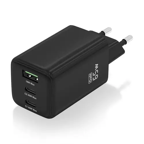 Cargador Gan 65W, 2xUSB-C PD3.0 QC4.0, 1xUSB-A QC3.0, Negro - Imagen 2