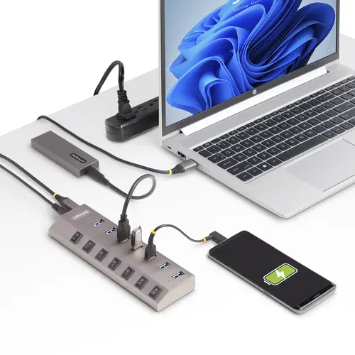Hub USB-C Autoalimentado de 7 puertos con Interruptores Individuales - Concentrador USB 3.0 a 5 Gbps con Fuente de Alimentación - Ladrón USB Tipo C a USB-A - BC 1.2 - Imagen 11