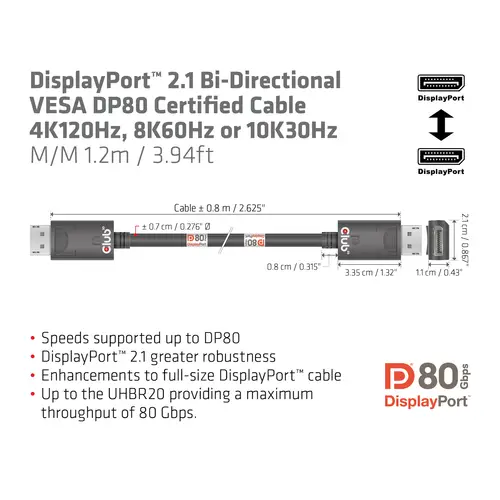 DisplayPort 2.1 Bi-Directional VESA DP80 Certified Cable 4K240Hz, 8K60Hz or 10K30Hz M/M 1.2m/3.94ft - Imagen 3