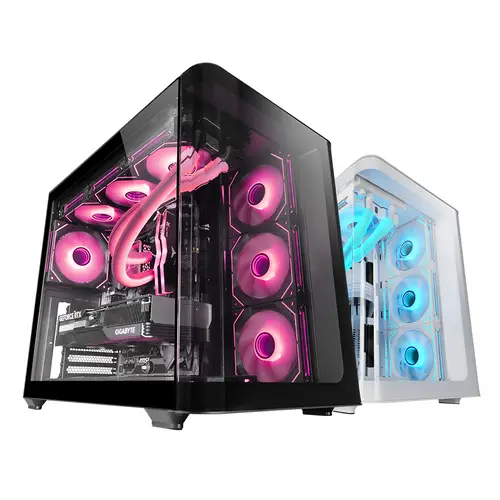 MC-FUSION, Caja Gaming ATX, Ventana Lateral Completa y Frontal Curvo Cristal Templado Continuo, Semitorre PC Doble Cámara, Soporte Refrigeración Líquida, Espacio Interno Optimizado, Negro - Imagen 2