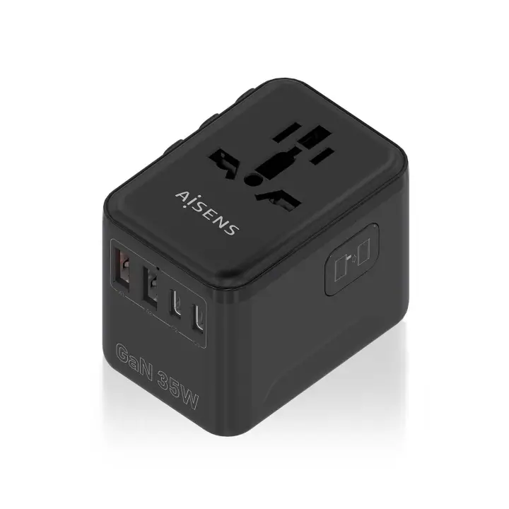 Adaptador Enchufe Universal Para Viaje EU/USA/UK/AU Con Cargador USB GaN, 2xUSB-A (A1 QC3.0), 3xUSB-C (C1 PD3.0) 35W, Negro