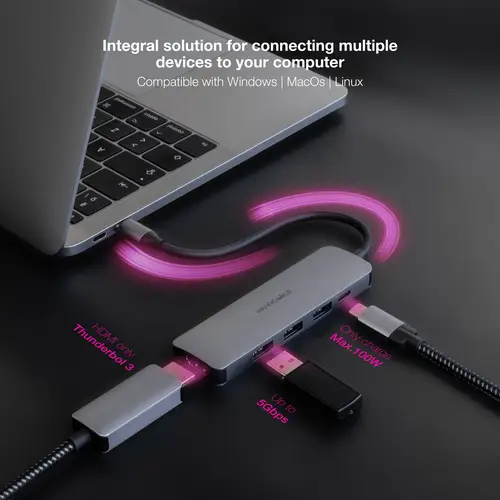 Hub USB-C 5 en 1, Conversor USB-C 3.1 a 3xUSB-A 3.0 + USB-C PD + HDMI, Aluminio, Gris, 18 cm - Imagen 4