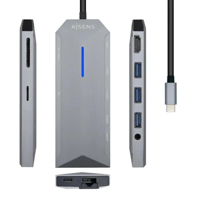 USB-C Dock 9 en 1, USB-C a 1x HDMI, 1xRJ45, 3x USB, 1x PD, 1x Audio, 1x SD, 1x Micro SD, Gris, 15 cm