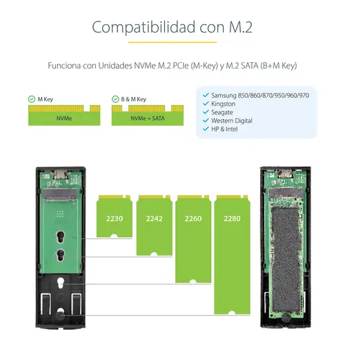 Caja Externa de Aluninio USB-C 10Gbps a NVMe M.2 o SSD M.2 SATA - Sin Herramientas para SSD M.2 NGFF PCIe/SATA - con Cables USB Tipo C o USB-A - 2230/2242/2260/2280 - Imagen 13