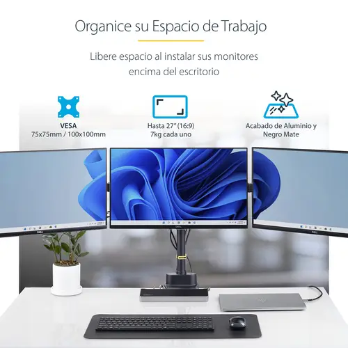 Soporte de Escritorio para 3 Monitores VESA 75x75/100x100 de 27 Pulgadas - Grommet o Abrazadera en C - Ajuste sin Herramientas - Brazo Asistido por Resorte - Imagen 14