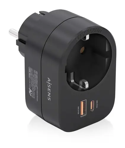 Regleta De Pared Multifuncion Con 1 Toma + 1xUSB-C 20W PD3.0, 1xUSB-A 20W QC3.0, Negro - Imagen 1