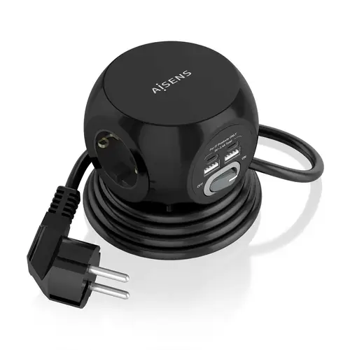 Regleta de Enchufes Sobremesa Multifuncion con 3 Tomas + 2xUSB-C, 2xUSB-A, 1.4M, Negro - Imagen 1