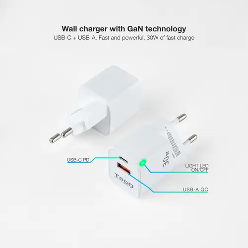 Cargador de Pared GaN USB-C/PD + USB-A/QC 30W, Blanco - Imagen 2
