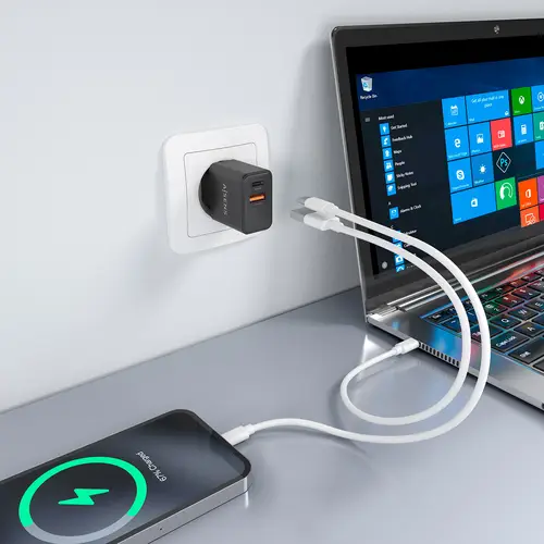Cargador GaN 20W, 1xUSB-C PD3.0, 1xUSB-A QC3.0, Negro - Imagen 6