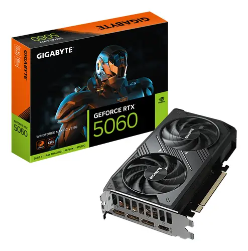 GeForce RTX 5060 WINDFORCE MAX OC V2 8G  Tarjeta gráfica, 8GB GDDR7, 128bit, PCI-E 5.0, 2512MHz Core Clock, 3 × DP, 1 × HDMI, NVIDIA DLSS 4, GV-N5060WF2MAX OCV2-8GD - Imagen 1