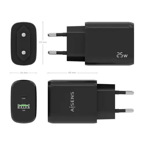 Cargador 25W, 1xUSB-C PD3.0, 1xUSB-A QC3.0, Negro - Imagen 4