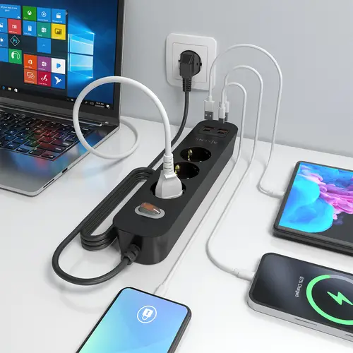 Regleta de Enchufes Multifuncion con 3 Tomas + Cargador PD3.0 20W 2xUSB-C, 2xUSB-A, 1.4m, Negro - Imagen 5