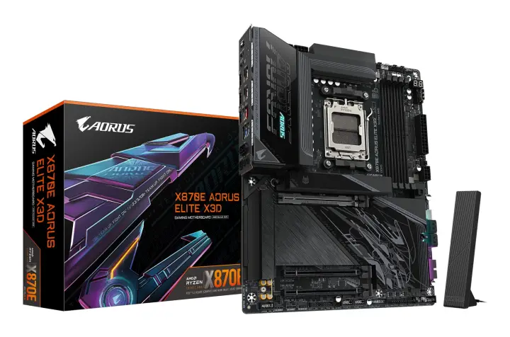 X870E AORUS ELITE X3D Placa Base  Compatible con procesadores AMD Ryzen 9000, VRM digital de 16+2+2 fases, hasta 9000 Hz DDR5 (OC), 2 x PCIe 5.0 + 2 x PCIe 4.0, Wi-Fi 7, LAN 5 GbE, USB 4
