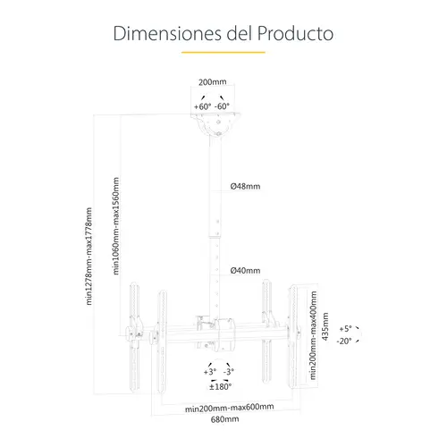 Soporte de Techo para 2 TV - Soporte de Cielo Raso para 2 TV de Espalda a Espalda con Mástil Telescópico Ajustable - Giro Inclinación y Rotación - Soporte VESA para Pantallas de 32" a 75" - Imagen 17