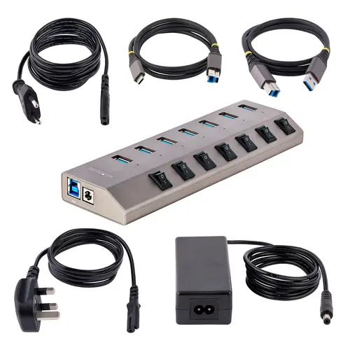 Hub USB-C Autoalimentado de 7 puertos con Interruptores Individuales - Concentrador USB 3.0 a 5 Gbps con Fuente de Alimentación - Ladrón USB Tipo C a USB-A - BC 1.2 - Imagen 7