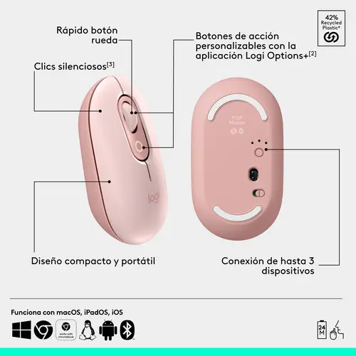 POP Mouse, ratón inalámbrico Bluetooth compacto y portátil con botones programables y clics discretos, tecnología Easy-Switch para alternar hasta 3 dispositivos, portátil, tablet, PC: Rosa - Imagen 6
