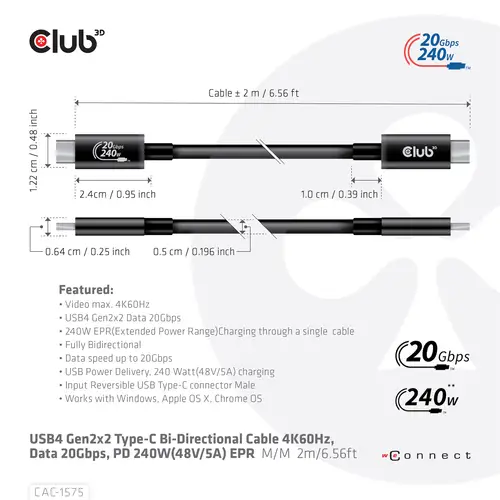 CAC-1575 cable USB USB4 Gen 2x2 2 m USB C Negro - Imagen 7