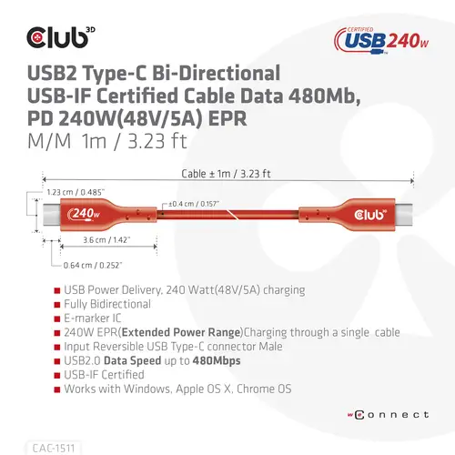 Cable certificado USB2 tipo C bidireccional USB-IF Datos 480 Mb, PD 240 W (48 V/5 A) EPR M/M 1 m/3,23 pies - Imagen 7
