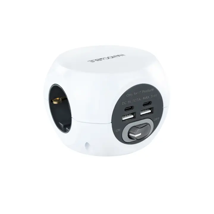 Base de 3 enchufes con 4 USB's (2 USB A + 2 USB-C), con interruptor
