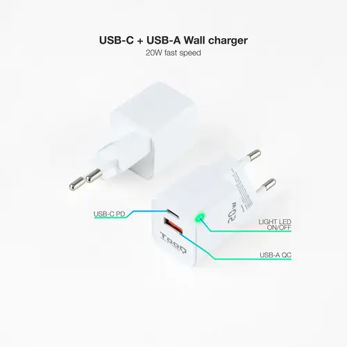 Cargador de Pared USB-C/PD + USB-A/QC 20W, Blanco - Imagen 2