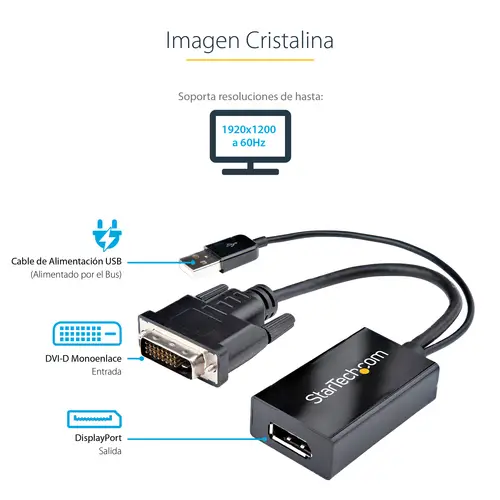 Adaptador DVI a DisplayPort Alimentado por USB - Conversor DVI a DisplayPort - Convertidor DVI-D a DP - 1920x1200 - Imagen 12