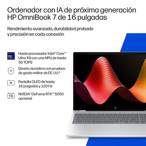 OmniBook 7 Laptop Next Gen AI 16-bh0007ns Copilot+ PC Intel Core Ultra 7 356H Portátil 40,6 cm (16") Pantalla táctil 2K 32 GB DDR5-SDRAM 1 TB SSD NVIDIA GeForce RTX 5050 Wi-Fi 7 (802.11be) Windows 11 Home Plata - Imagen 4