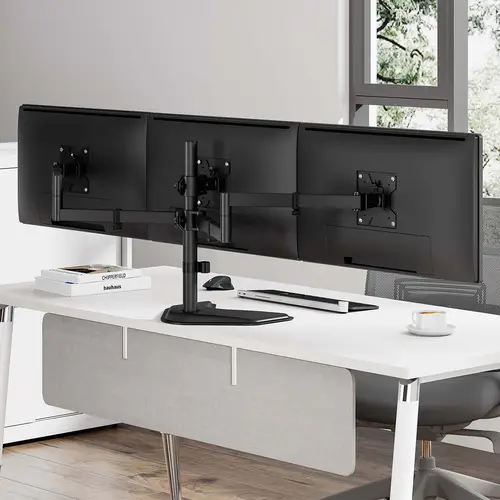 Soporte de mesa con peana eco giratorio e inclinable para 3 monitores 10kg (3 Pivotes, 2 Brazos) de 13-27, Negro - Imagen 4