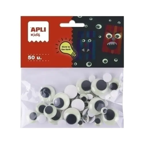 APLI OJOS MÓVILES GLOW IN THE DARK VARIOS TAMAÑOS SURTIDOS BOLSA DE 50 NEGRO +4 AÑOS