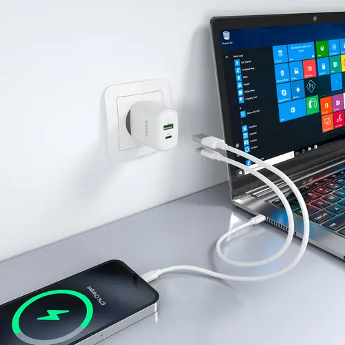Cargador GaN 30W, 1xUSB-C PD3.0 QC4.0, 1xUSB-A QC3.0, Blanco - Imagen 5