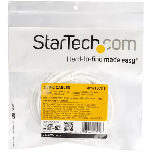 Cable 4m USB-C a USB-C con capacidad para Entrega de Alimentación de 5A - USB Tipo C - Cable de Carga USBC - USB 2.0 - Blanco - Imagen 5