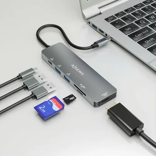 USB-C Dock 6 EN 1, USB-C a 1xHDMI, 2xUSB-A, 1xUSB-C PD 100W, 1xSD, 1xMicro SD, Gris, 15cm - Imagen 6