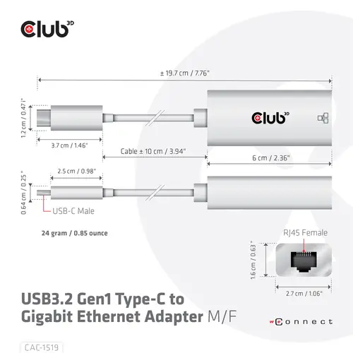 CAC-1519 cambiador de género para cable USB-C RJ-45 Blanco - Imagen 4