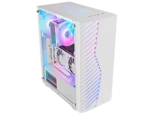 MC-VOLT, Caja Gaming ATX, Ventilador ARGB 120mm, Rejilla Frontal ARGB, Ventana Lateral Completa Cristal Templado, Gestión de Cableado, Semitorre PC con Soporte Refrigeración Líquida, Blanco - Imagen 2