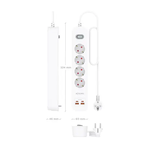 Regleta de Enchufes Multifuncion con 4 Tomas + Cargador PD3.0 20W 2xUSB-C, 2xUSB-A, 1.4m, Blanco - Imagen 4