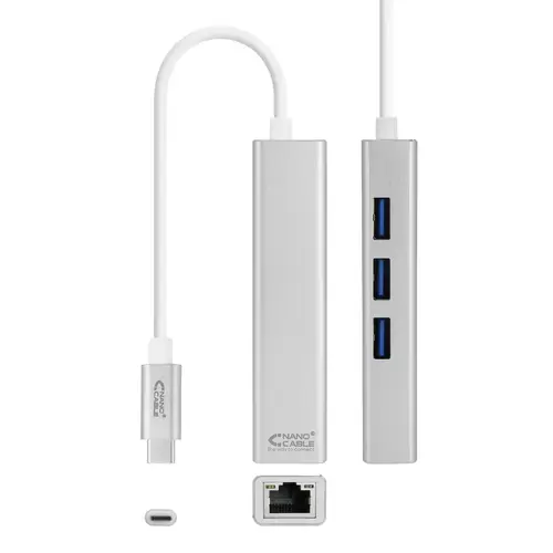 Conversor USB-C a Ethernet Gigabit + 3xUSB 3.0, Plata, 15 cm - Imagen 1