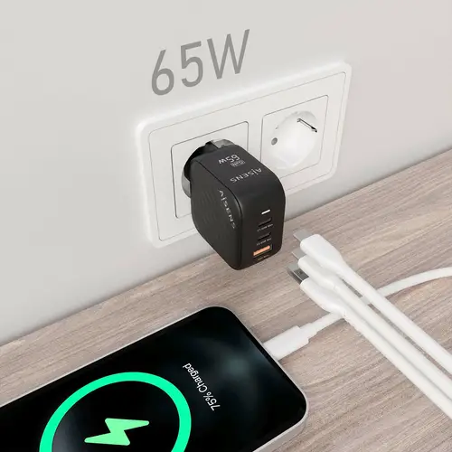 Cargador GaN 65W, 2xUSB-C PD3.0 QC4.0, 1xUSB-A QC3.0, Negro - Imagen 4